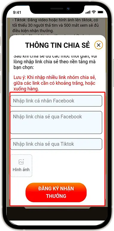 Bước 6: Nhập đường link đã thực hiện chia sẻ thành công trên kênh Facebook hoặc TikTok. Lưu ý: Kênh Facebook nhập đầy đủ link các nhóm.